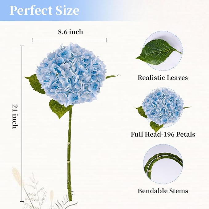 BonBloom's 3 Pcs Blue Hydrangea Artificial Flowers,21 inches Latex Hydrangeas Flowers Faux Lifelike Real Touch Flowers for Wedding Table Centerpieces Home Party Garden Outdoor Decoration
