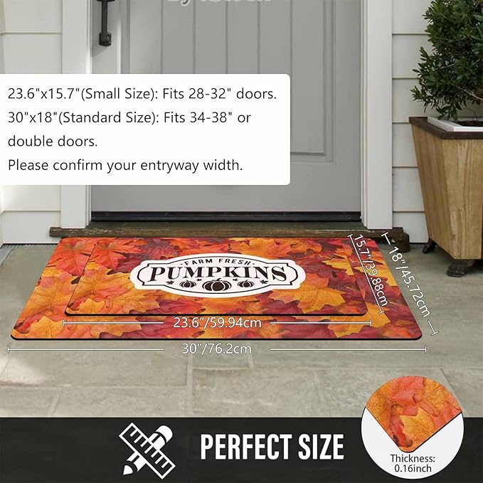 Fall Welcome Maple Leafs Decorative Door Mat, Autumn Thanksgiving Doormat for Indoor Outdoor Entrance Floor Mats,Fall Pumpkins Non Slip Harvest Vintage Decor Rubber Welcome Mats 16" x 24" Inch