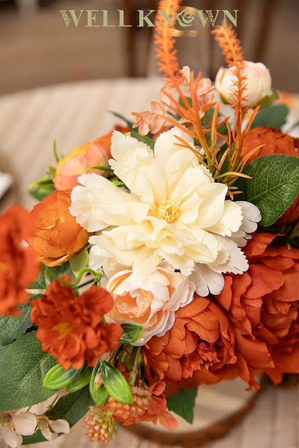 Artificial Flowers in Vase, WELL KNOWN Silk Rose Peony Flower Bouquet Table Centerpieces with Faux Water for Fall Home, Fake Flower Arrangement for Seasonal Party Decor (Burnt Orange & Champagne Plus)