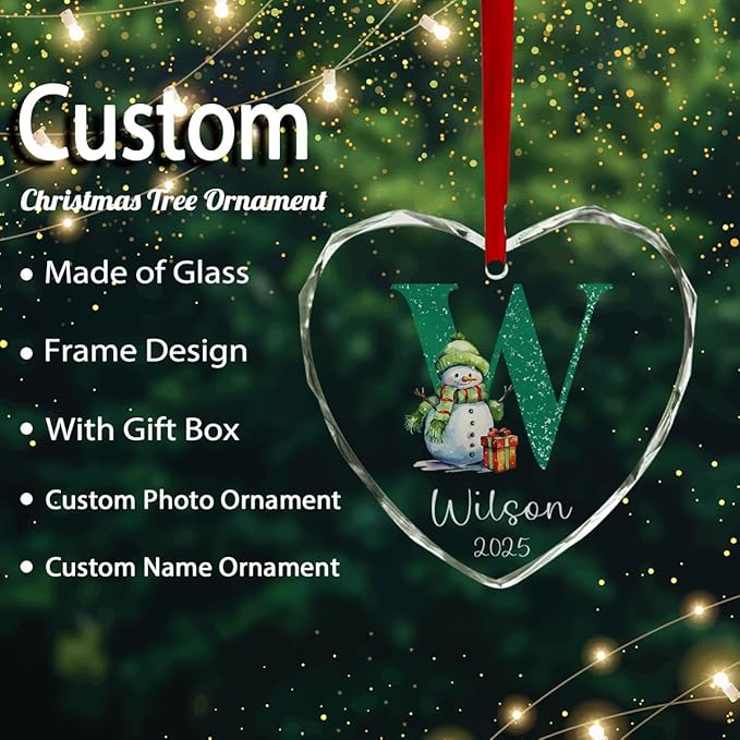 Personalized Heart Christmas Crystal Glass Ornaments Custom 2025 Name Ornament for Christmas Tree Decorations Customized Smowman Tree Hanging Gifts for Family Boys Girls