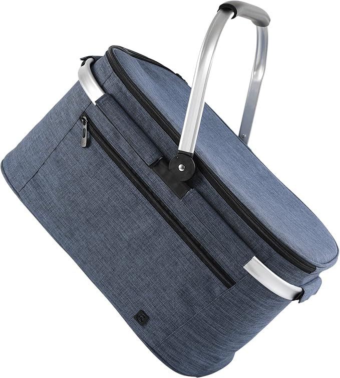 ALLCAMP Picnic Basket - 32L Insulated Cooler, Thickening Foldable Picnic Basket with Removable Baskets & Sewn-in Frame, Basket for House Warming Gifts New Home(Blue)
