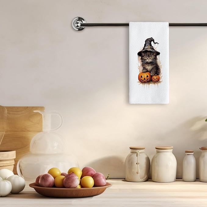 TNUW Black Cat Halloween Kitchen Towels 16x24 Inch, Black Cat Mom Lovers Gifts Dish Tea Towels for Kitchen, Halloween Spooky Pumpkin Witchy Kitten Decorative Hand Towel for Bathroom Decor