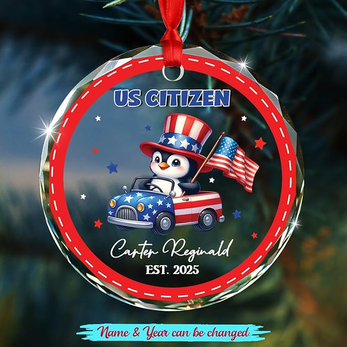 Customized Penguin US Citizen Glass Christmas Ornament 2025, Personalized Year & Name New American Citizen Keepsake Xmas Ornaments Gift for Men Women Boys Girls Sister Brother, New Citizens Ornament