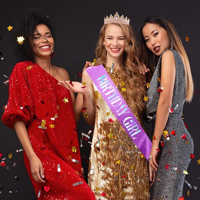 Birthday Crown Headband and Tiara - Adult Purple Crystal Crown with Sash