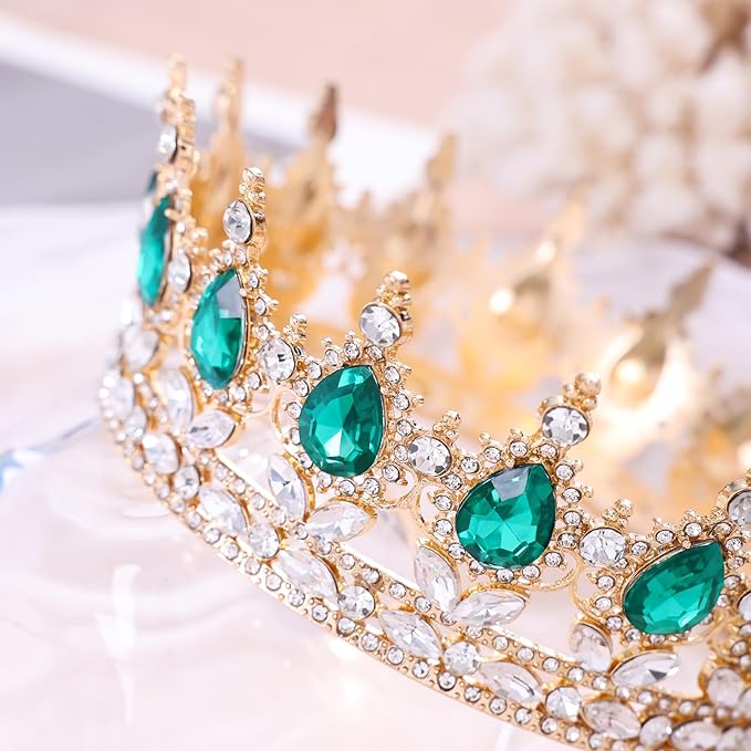 Green Queen Crown for Women Crystal Tiara for Girl Rhinestone Wedding Headband for Bride Hair Accessories for Costume Birthday Party Prom Gifts