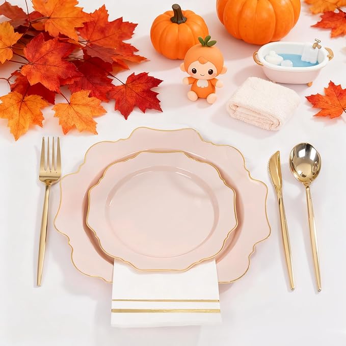 WDF 175Pcs Pink Plastic Plates - Pink and Gold Plates Disposable 25guest Plastic Dinnerware Ideal for Tea Party/Bridal Shower/Wedding/Baby Shower/Fall Pumpkin Baby Shower