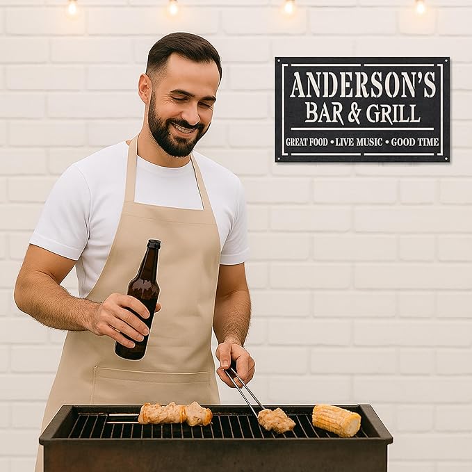 Custom BBQ Grill Metal Sign Personalized Name Wall Art for Outdoor Barbecue Patio Kitchen Backyard Decor Gift for Dad Husband Men Papa Grandpa Father Grilling Enthusiasts Family Lover Funny Gifts 16
