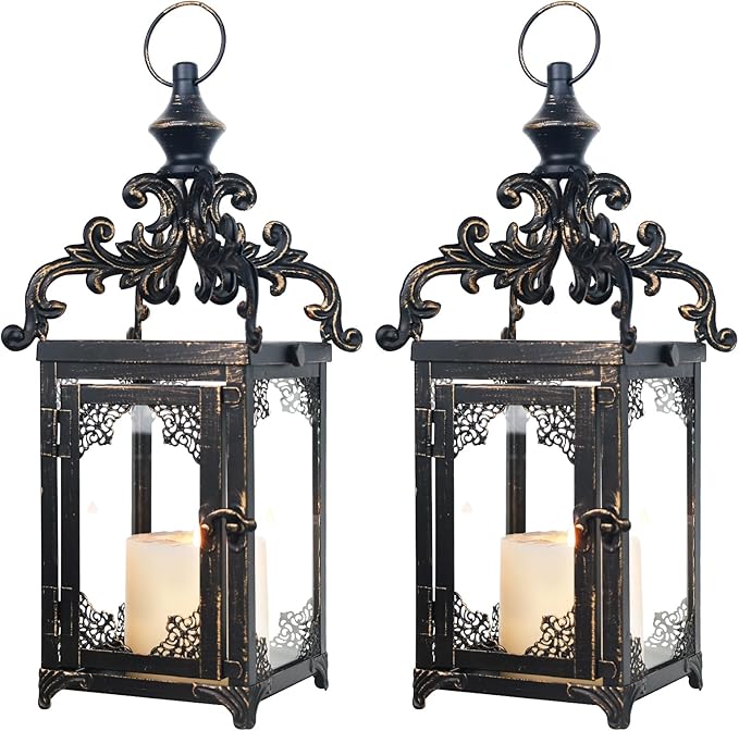 NEEDOMO Set of 2 Lanterns Decorative Indoor Hanging Lantern Outdoor,Vintage Metal Tabletop Decor Lantern for Patio Rustic Home, Candle Holders with Clear Glass, Home Kitchen Coffee Table Livinig Room