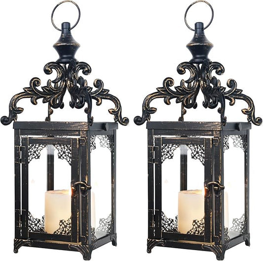 NEEDOMO Set of 2 Lanterns Decorative Indoor Hanging Lantern Outdoor,Vintage Metal Tabletop Decor Lantern for Patio Rustic Home, Candle Holders with Clear Glass, Home Kitchen Coffee Table Livinig Room