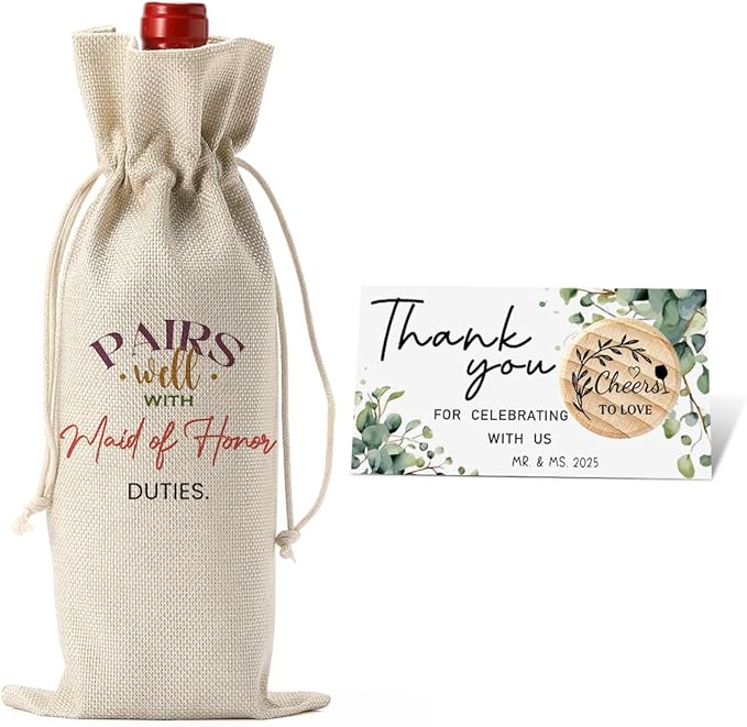 FBCCZEY Maid of Honor Bridesmaid Proposal Gifts Maid of Honor Bridesmaid Wine Bag Wedding Engagement Gift Wine Bottle Bag Pairs Well with Maid of Honor Wine Bags with Thank You Card And Stopper