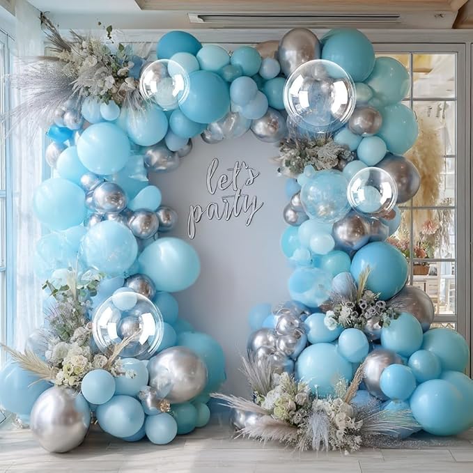 Blue Silver Balloon Arch Double Stuffed Pastel Baby Blue Metallic Balloon Garland Kit Clear Bobo Balloons for Birthday Baby Shower Bridal Shower Birthday Wedding Anniversary Party Decorations