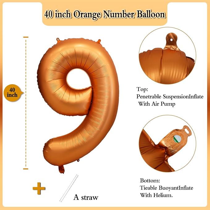40 inch Orange Number Balloon Giant Foil Helium Balloons for 9th Birthday Party Decorations