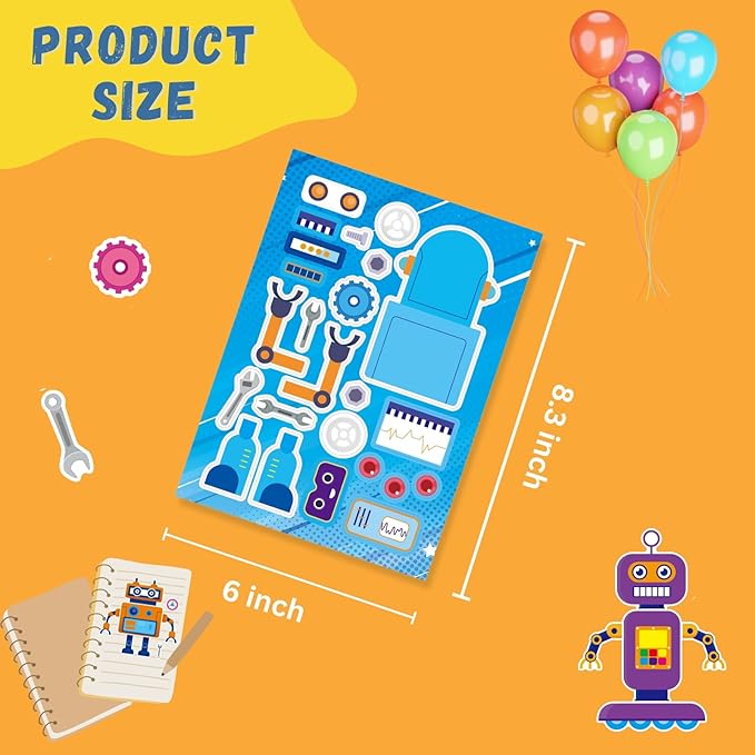 Create-Your-Own-Sticker, 32 Sticker Sheets for Kids Party Favors, Robot Stickers for Kids, Sticker Faces for Kids, Educational Party Favors, Birthday Party Activities, Robot Birthday Party Supplies