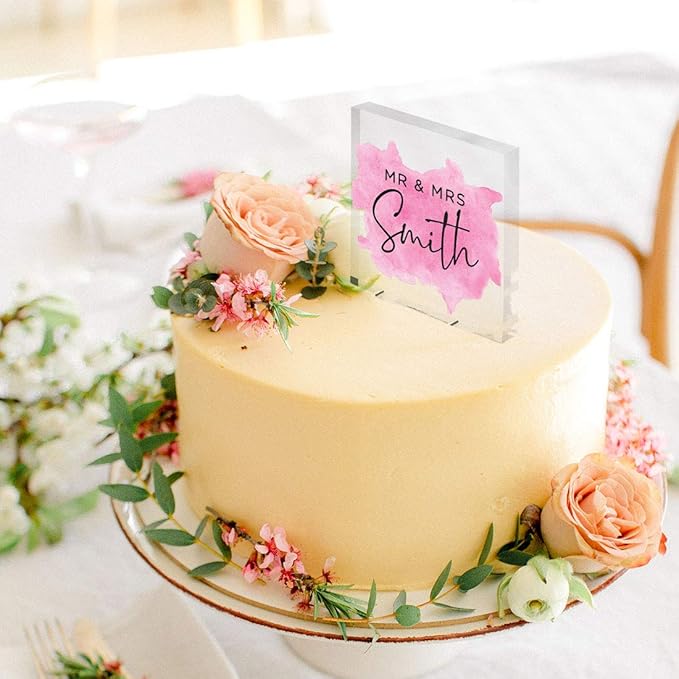 Andaz Press Modern Pink Watercolor Custom Wedding Cake Topper, Acrylic Square Personalized Couple Cake Topper