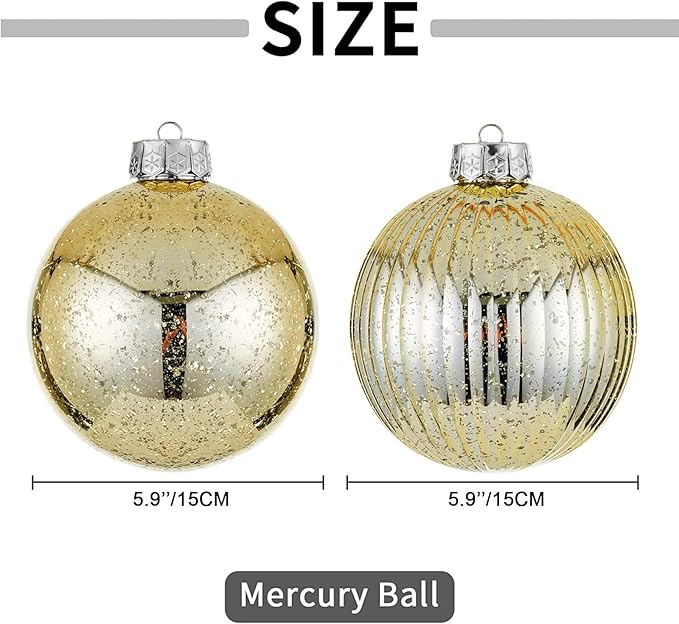 Large Christmas Ball Ornaments, Oversized Shatterproof Plastic Decorative Hanging Mercury Ornaments Ball for Xmas Holiday Party Decorations (Gold, 6.0")