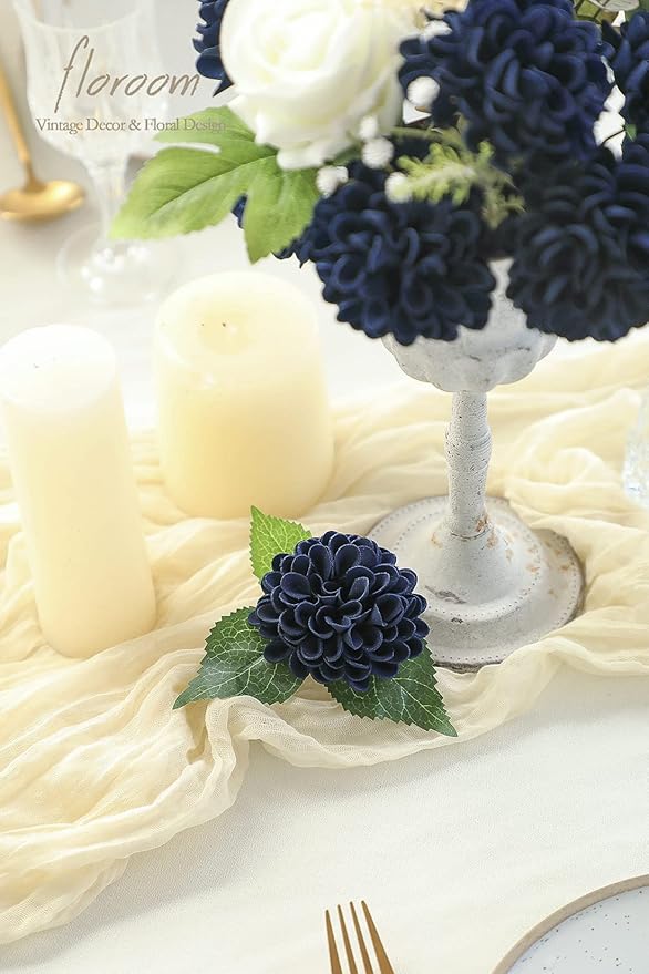 Floroom Artificial Dahlia Flowers 25pcs Real Looking Navy Blue Foam Fake Roses with Stems for DIY Wedding Bouquets Bridal Shower Centerpieces Floral Arrangements Party Tables Home Decoration