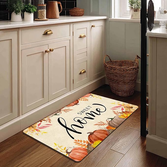 Fall Welcome Maple Leafs Decorative Door Mat, Autumn Thanksgiving Doormat for Indoor Outdoor Entrance Floor Mats,Fall Pumpkins Non Slip Harvest Vintage Decor Rubber Welcome Mats 30" x 18" Inch
