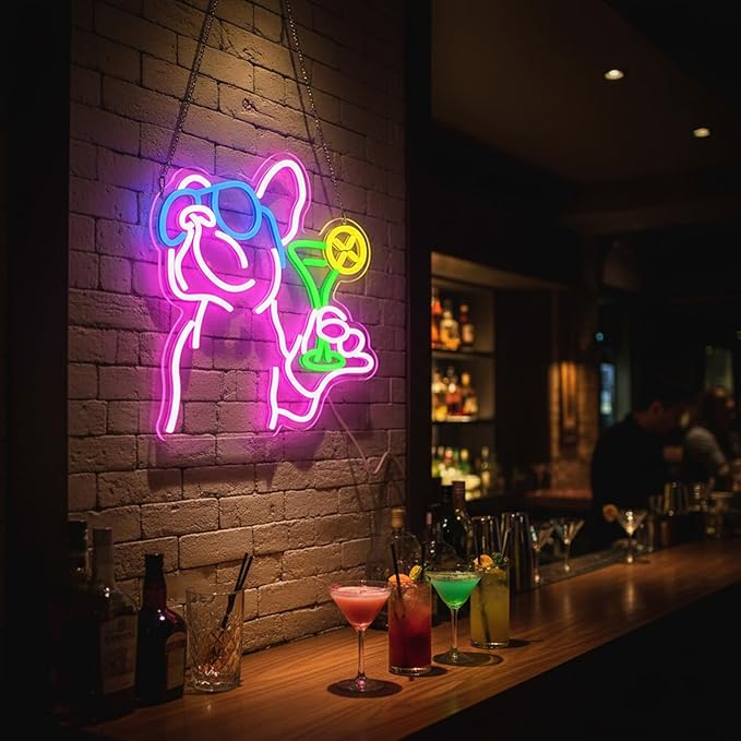 French Bulldog Drinking Cocktail Neon Sign,Bulldog Cocktail Bar Led Neon Signs for Wall Decor,Funny Dog Neon Light Up Sign,Neon Bar Signs for Bedroom Man Cave Party,French Bulldog Gifts
