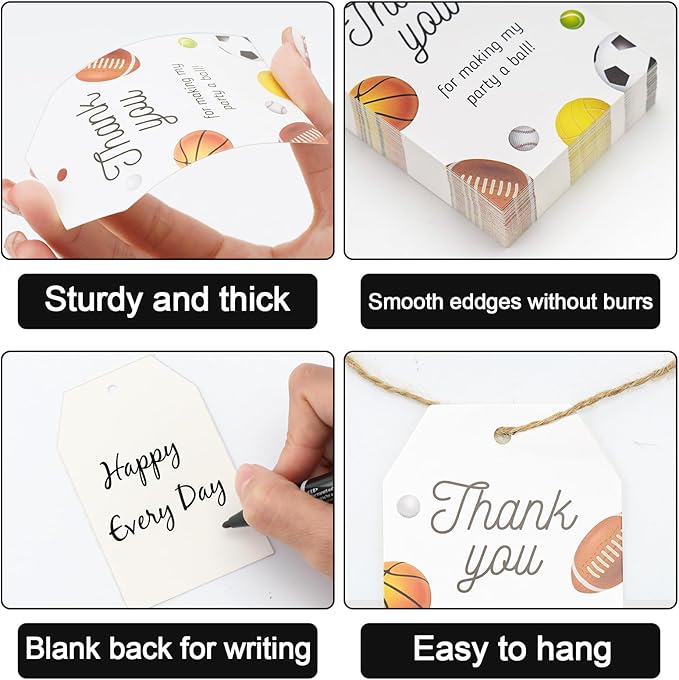G2PLUS 50PCS Sports Thank You Tags, Thank You Gift Tags with String, Thank You for Making My Party A Ball Tag, Basketball Football Label Hangtags for Birthday, Baby Shower Party Favors