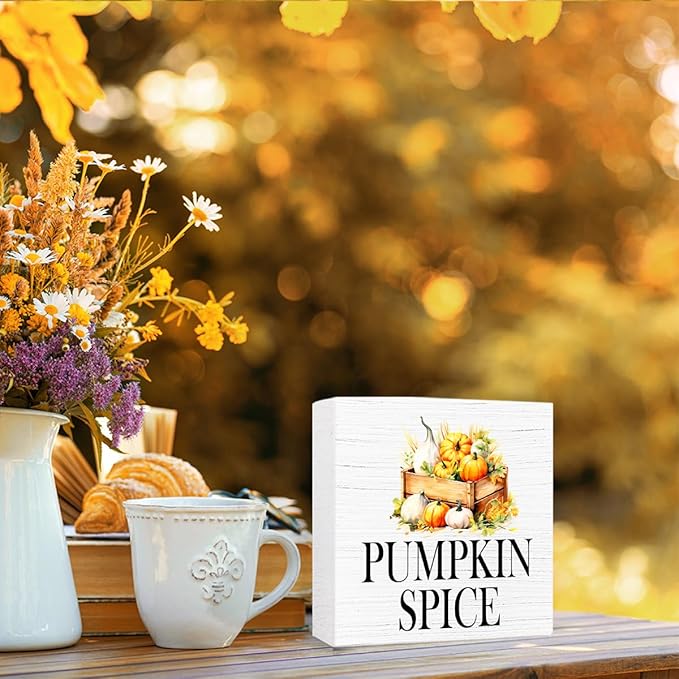 Funny Autumn Wood Box Sign Pumpkin Spice Wooden Block Desk Decor for Home Office Kitchen Cubicle Table Shelf Tabletop,Farmhouse Fall Sign Decor