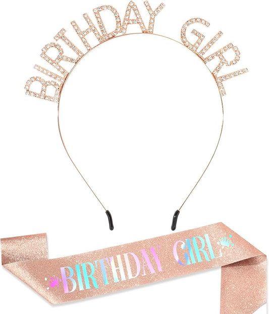 CAVETEE Birthday Girl Crown and Sash， Princess Tiara Happy Birthday Headband Party Accessories for Women and Girls