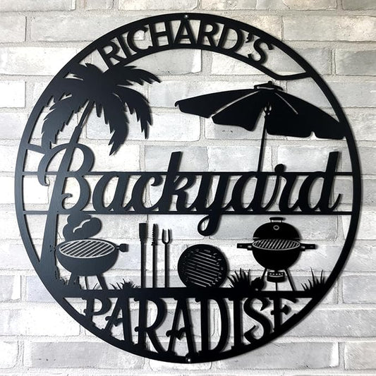 Personalized BBQ Metal Sign - Outdoor Grill Kitchen Decor - Barbecue Man Cave Wall Mount - Custom Backyard Patio Accessories - Gifts for Dad, Grandpa, Husband