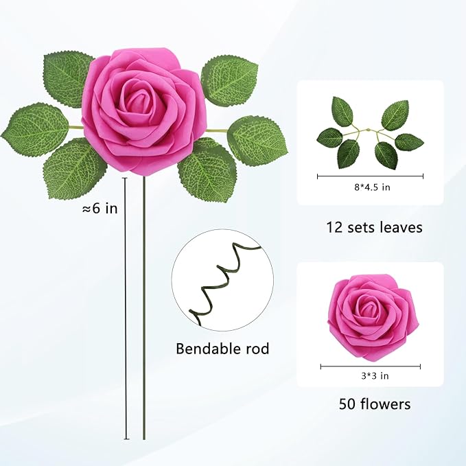JOYLEX 50PCS Hot Pink Artificial Flowers Realistic Roses, Real Looking Fake Roses with Stem for DIY Wedding Bouquets Centerpieces Bridal Shower Party Home Romantic Decorations (Hot Pink, 50pcs)