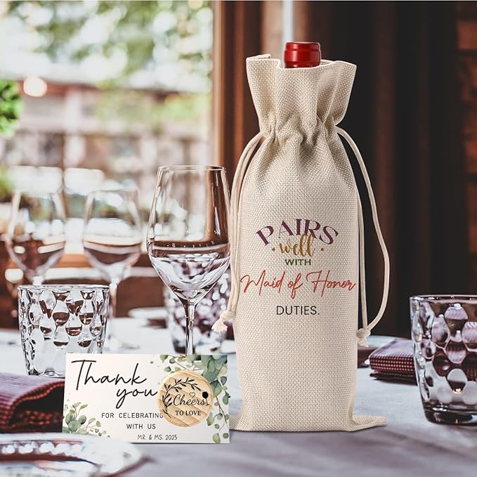 FBCCZEY Maid of Honor Bridesmaid Proposal Gifts Maid of Honor Bridesmaid Wine Bag Wedding Engagement Gift Wine Bottle Bag Pairs Well with Maid of Honor Wine Bags with Thank You Card And Stopper