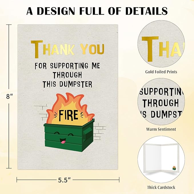Coworker Leaving Card - Dumpster Fire Design Humorous Gratitude Funny Thank You Card for Friends, Farewell, or Just Because Gift (5.5x8 Inch, Gold Foil, Envelope Included)