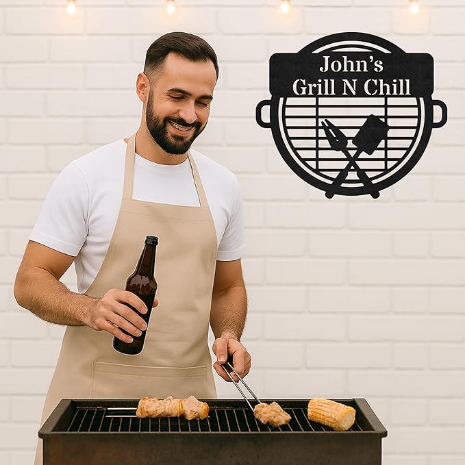 Custom BBQ Grill Metal Sign Personalized Name Wall Art for Outdoor Barbecue Patio Kitchen Backyard Decor Gift for Dad Husband Men Papa Grandpa Father Grilling Enthusiasts Family Lover Funny Gifts 20