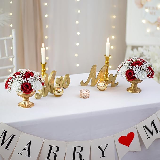 BLOSMON Fake Flowers Ball Wedding Centerpieces 10 Pcs Crimson Rose Babys Breath Artificial Flowers Center Pieces Decoration for Table Silk Kissing Floral Bouquet Arrangements for Home Party DIY Decor