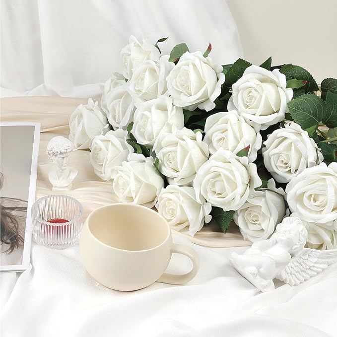 Auihiay 104pcs Roses Artificial Flower - Realistic White Fake Roses for Wedding Centerpieces, Table Decor, Valentine's Day, Mother's Day, and Home Party Decorations