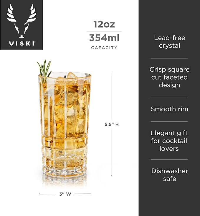 Viski Highland Highball Drinking Glasses Set of 4 - Premium Crystal Square Cut Tall Cocktail Glassware Gift Set, 12 oz