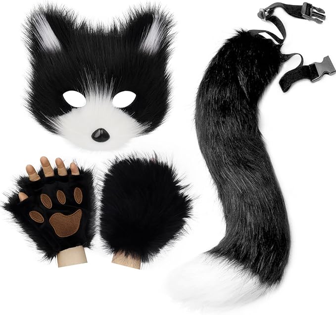 HAOAN Furry Fox Mask Wolf Fox Tail and Paw Gloves Set Adult Cat Halloween Mask Cosplay Animal Party Costume