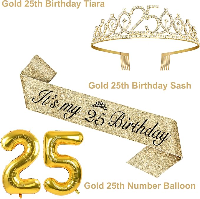 25th Birthday Decorations for Women Gold with 25th Birthday Sash and Crown, Cake Topper and Candles, Number Balloons, 25 Year Old Gifts for Women