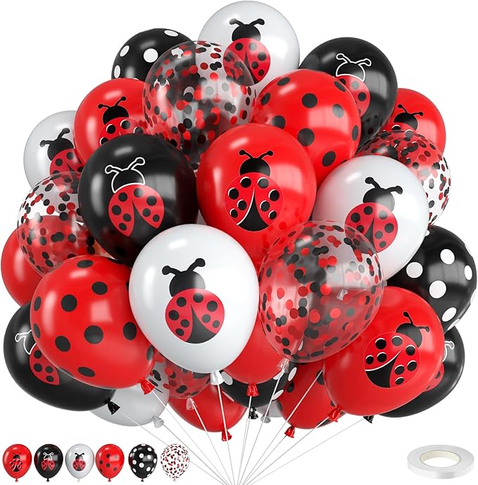 Ladybug Balloons,12 Inch Ladybug Print Red Black White and Polka Dots Balloon with Red Black Confetti for Ladybug Birthday Baby Shower Theme Party Decorations