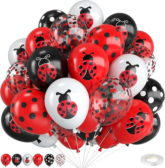 Ladybug Balloons,12 Inch Ladybug Print Red Black White and Polka Dots Balloon with Red Black Confetti for Ladybug Birthday Baby Shower Theme Party Decorations