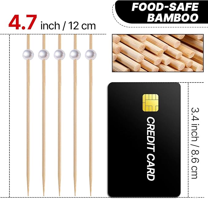 PuTwo Cocktail Picks 4.7 Inch 200pcs Bamboo Fancy Skewers Toothpicks for Appetizers White Pearl Toothpicks for Food Drink Fruit Sandwich BBQ Charcuterie Boards Accessories Birthday Party Supplies