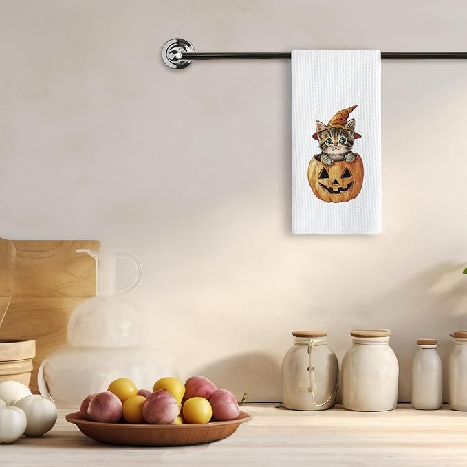 TNUW Halloween Cat Pumpkin Kitchen Towels 16x24 Inch, Cat Mom Lady Lovers Gifts Dish Tea Towels for Kitchen, Halloween Cute Witchy Kitten Spooky Pumpkin Decorative Hand Towel for Bathroom Decor