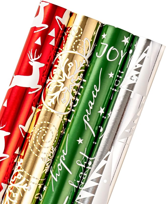 WRAPAHOLIC 30 Inch Christmas Wrapping Paper Roll - Jumbo Roll Red Green Gold and Silver Snowflakes Trees Holiday Collection with Metallic Foil Shine - 4 Rolls - 30 Inch x 120 Inch Per Roll