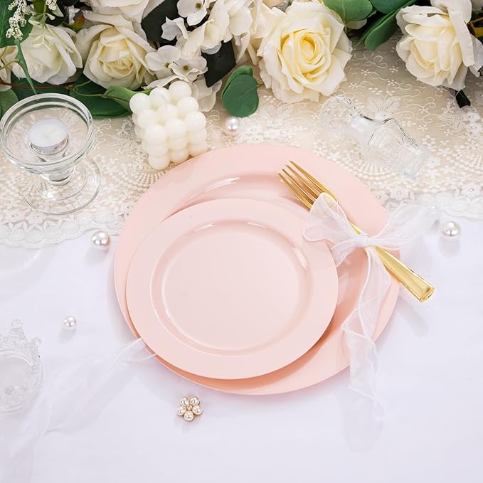 FLOWERCAT 60PCS Pink Plastic Plates - Heavy Duty Pink Plates Disposable for Easter Party/Mother's Day/Wedding - serving 30 guests Include 30PCS 10.25inch & 30PCS 7.5inch