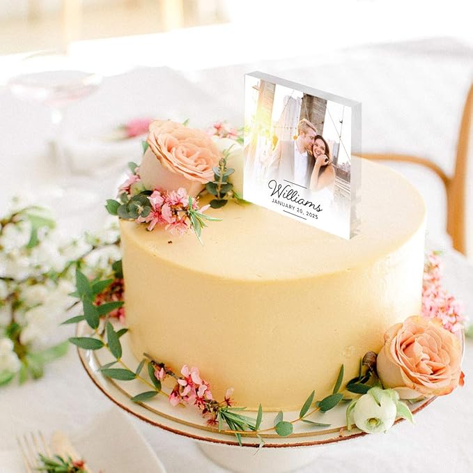 Andaz Press Fully Custom Photo Last Name Custom Wedding Cake Topper, Acrylic Picture Square Personalized Couple Cake Topper