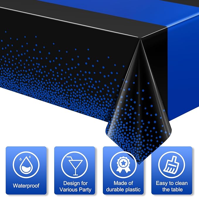 MASHAN 6Pcs Black and Blue Tablecloth Party Decorations,Plastic Black Table Cloth Printed Blue Runner Disposable Rectangle Table Cover for Birthday Wedding Anniversary Graduation Party,54 x108 Inch