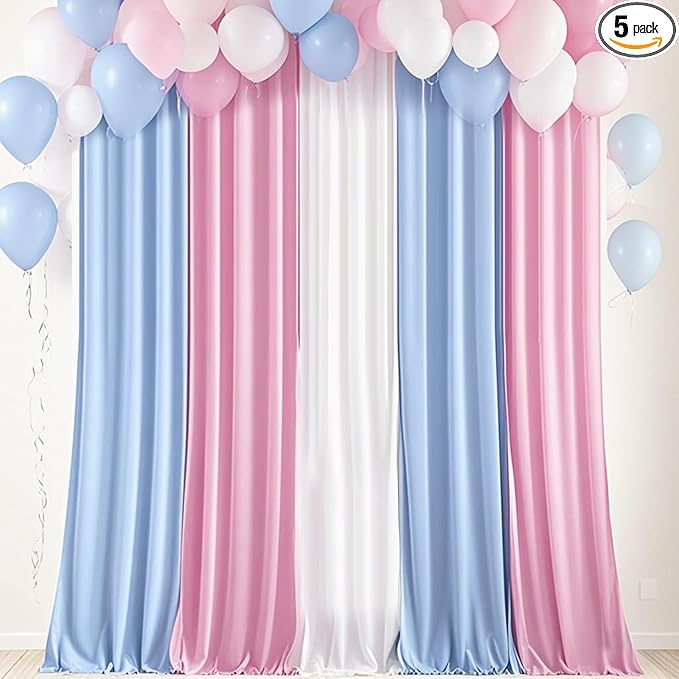 Backdrop Curtain 10x7ft, Gender Reveal Backdrop for Baby Shower, Wrinkle-Free Polyester Fabric Photo Backdrop Curtain, Blue, Pink, and White for Wedding and Party Decorations,5 Panels