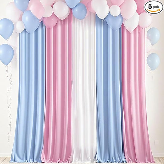 Backdrop Curtain 10x7ft, Gender Reveal Backdrop for Baby Shower, Wrinkle-Free Polyester Fabric Photo Backdrop Curtain, Blue, Pink, and White for Wedding and Party Decorations,5 Panels