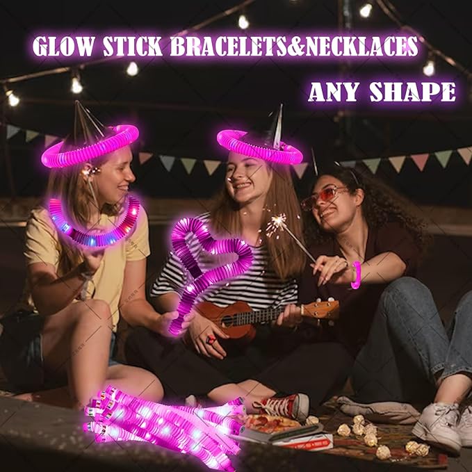 Pink 6PCS Light Up Pop Fidget Tubes Party Favors-Glow in The Dark Party Supplies for Kids and Adults, Perfect for Festivals, Birthday Parties, Raves, Concerts, and Camping Decorations
