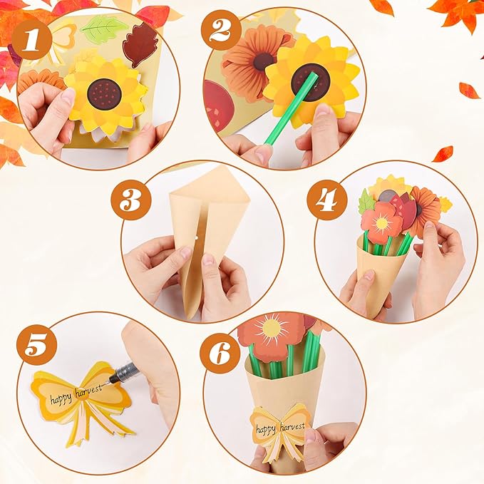 FOIMAS 24 Pack Fall Flower Bouquet Paper Craft Sunflower Fall Leaves Bouquet Make Your Own Bouquet Crafts for Fall Thanksgiving Craft Supply