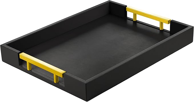 Leather Serving Tray with Gold Polished Metal Handles, Home Decorative Wooden Rectangle Ottoman Decor Platter Bathroom Vanity Tray for All Occasions Black