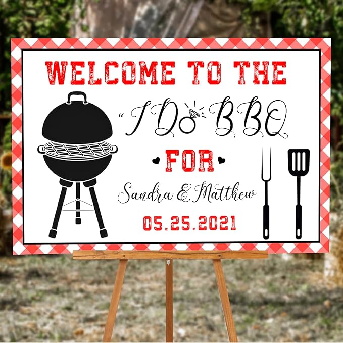 I Do BBQ Welcome Decoration - Printed Barbeque Sign for Engagement Party, Red Gingham Couples Shower