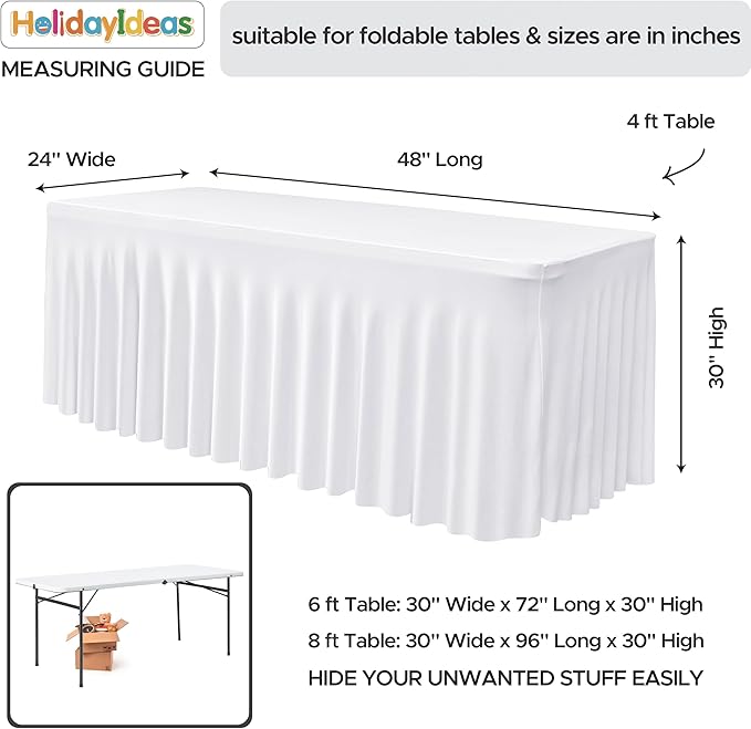 HolidayIdeas White 4ft Spandex Tablecloth 6 Pack Fitted Stretch Rectangluar Table Skirts 24x48 Inch, Wrinkle-Free Floor Length Polyester Table Cover for Weddings Parties Banquets Events